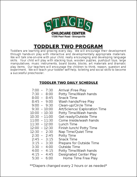 Toddler 2 program schedule