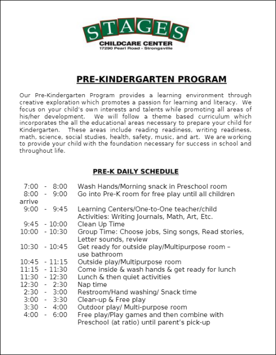 Pre-kindergarten program schedule