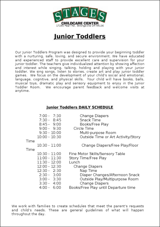 Toddler 1 program schedule