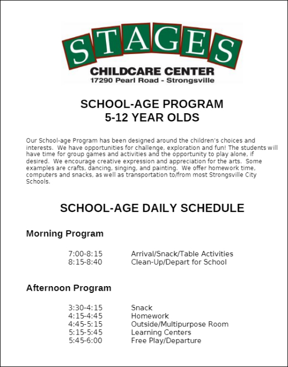 School age program schedule