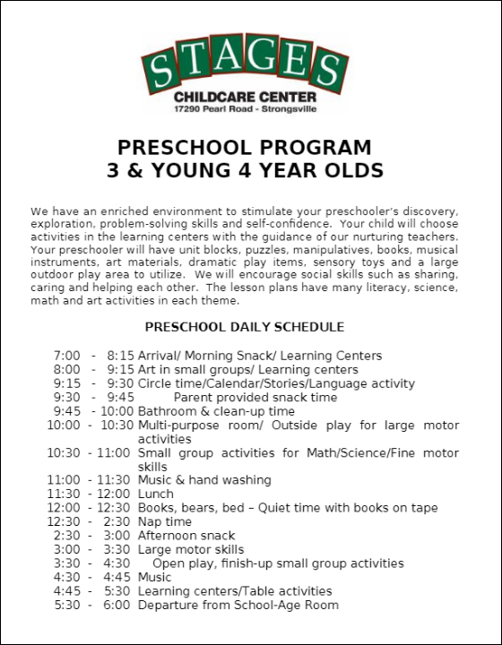 Preschool program schedule